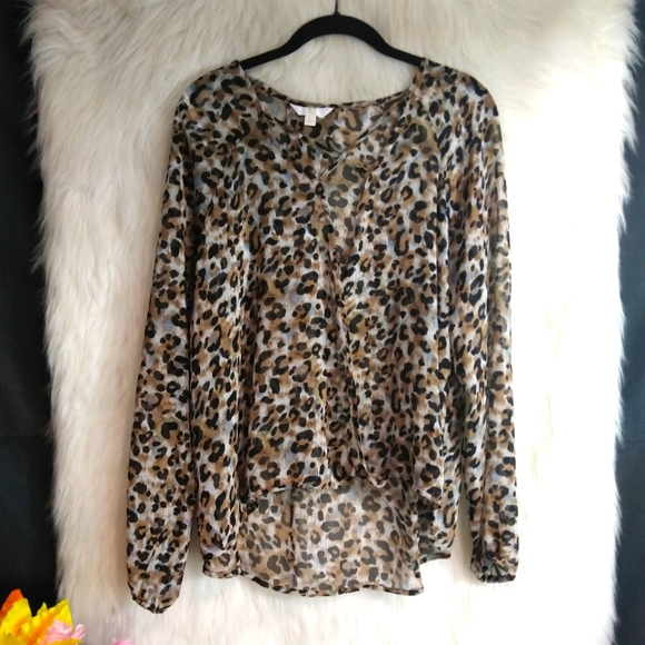 Charming Charlie Tops - Charming Charlie Brown & Black Sheer Long Sleeve V Neck Animal Print Top Size L